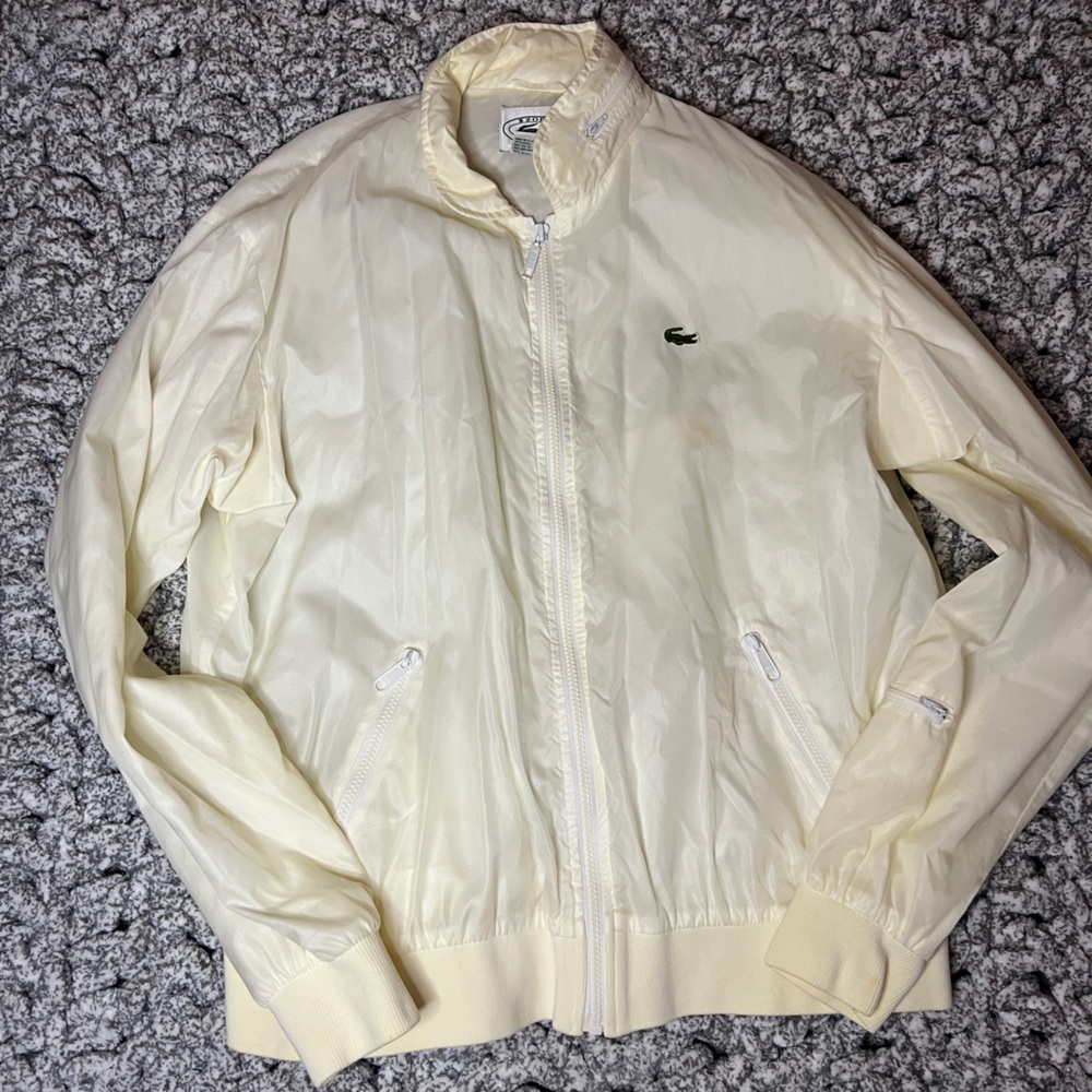 Lacoste Cream Lightweight Zip-Up Bomber Jacket with Green Croc